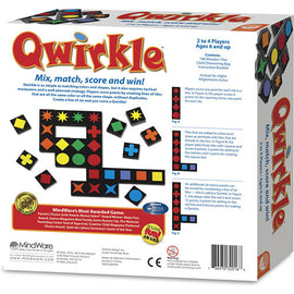 The back of the Qwirkle game box by MindWare, featuring colorful tiles in various shapes and colors. The game is designed for 2 to 4 players aged 6 and up, promoting strategic play through mixing, matching, and scoring. The box highlights the content included and emphasizes it as a fun educational game.
