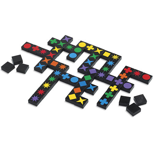 Qwirkle game by MindWare displayed with colorful wooden tiles featuring various shapes and colors arranged on a black surface. The game consists of tiles that are used to create lines based on matching colors and shapes, providing a strategic challenge for players of all ages.