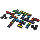 Qwirkle game by MindWare displayed with colorful wooden tiles featuring various shapes and colors arranged on a black surface. The game consists of tiles that are used to create lines based on matching colors and shapes, providing a strategic challenge for players of all ages.