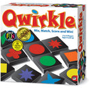 Qwirkle game box featuring large, colorful geometric tiles on a black background. The title "Qwirkle" is prominently displayed in bold red letters at the top. The box highlights that it is designed for 2 to 4 players aged 6 and up, emphasizing the game’s interactive and strategic elements with the tagline "Mix, Match, Score and Win!" and awards including "Major Fun Award" and "Parent’s Choice".