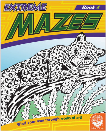 Extreme Mazes: Book 4 by MindWare features a colorful cover showcasing a leopard resting on a branch surrounded by lush greenery. The title is prominently displayed in bold, vibrant letters with a playful maze design.