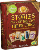 Stories of the Three Coins game by Mindware features a colorful box design highlighting its cooperative adventure theme. The front cover includes illustrations of characters and tokens, with the text 'A Cooperative Game for Kids!' prominently displayed. The game accommodates 2 to 5 players, suitable for ages 6 and up, and takes about 20 minutes to play.