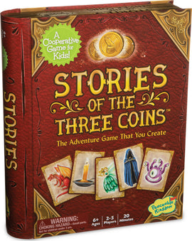 Stories of the Three Coins game by Mindware features a colorful box design highlighting its cooperative adventure theme. The front cover includes illustrations of characters and tokens, with the text 'A Cooperative Game for Kids!' prominently displayed. The game accommodates 2 to 5 players, suitable for ages 6 and up, and takes about 20 minutes to play.