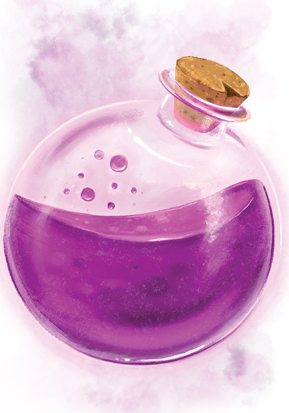 A whimsical illustration of a round glass potion bottle filled with a vibrant purple liquid, sealed with a cork. The background is softly blurred in light purple hues, enhancing the magical theme of the bottle.
