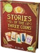 The packaging of 'Stories of the Three Coins', an adventure game for kids by Mindware. It features three coins on the front and colorful illustrations of game cards, including a dragon, a fairy, and a hooded figure, along with a warning label about small parts. The game box emphasizes collaboration, suitable for 2-5 players aged 6 and up with a playtime of approximately 20 minutes.
