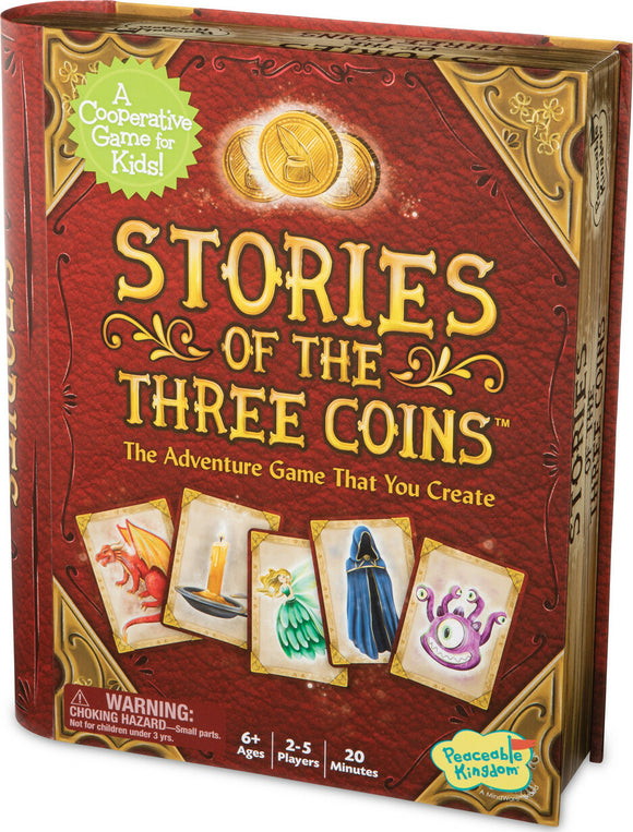 The packaging of 'Stories of the Three Coins', an adventure game for kids by Mindware. It features three coins on the front and colorful illustrations of game cards, including a dragon, a fairy, and a hooded figure, along with a warning label about small parts. The game box emphasizes collaboration, suitable for 2-5 players aged 6 and up with a playtime of approximately 20 minutes.
