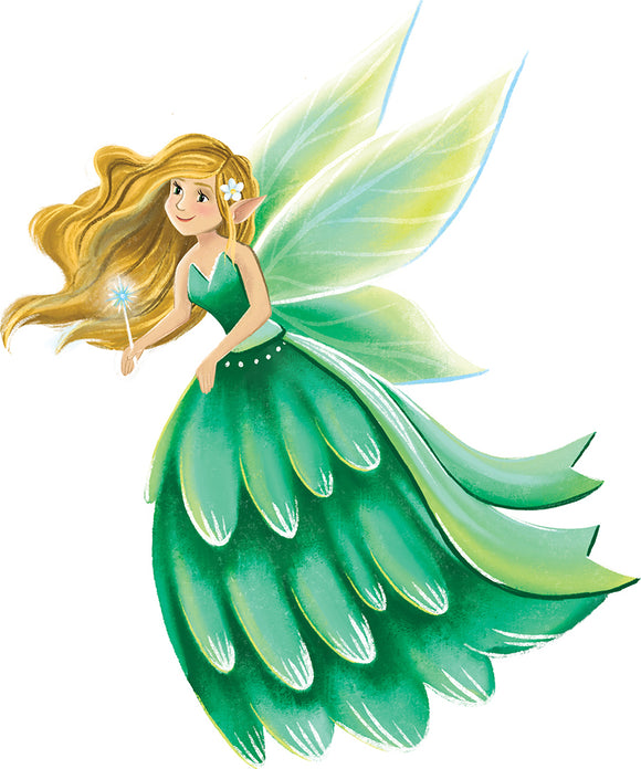 A whimsical illustration of a fairy with long, flowing blonde hair and large, translucent green wings. She wears a green dress adorned with leaf-like patterns and holds a sparkling wand, radiating a magical and enchanting vibe.