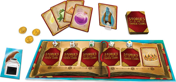 A vibrant game setup for 'Stories of the Three Coins' by Mindware, featuring an illustrated storybook, colorful character cards, and three shiny coins. The game encourages creative storytelling, with dice and tokens that enhance the gameplay experience.