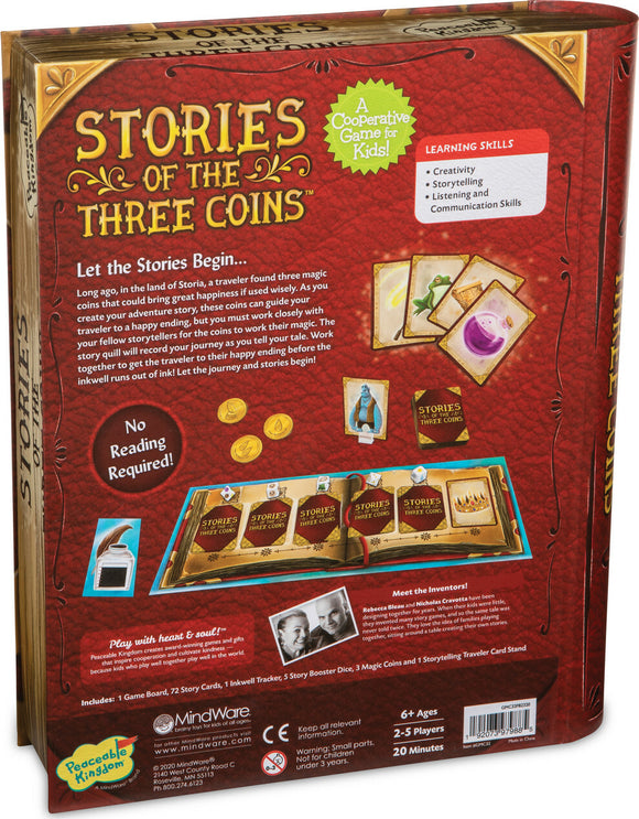 The back of the board game 'Stories of the Three Coins' by Mindware, featuring vibrant illustrations and elements of the game. It highlights the game's cooperative nature, educational skills such as creativity and storytelling, and contains components like a game board, story cards, inkwell tracker, magic coins, and a storytelling stand. The design includes playful graphics suitable for children aged 6 and up, promoting engaging adventures for 2 to 5 players in about 20 minutes.
