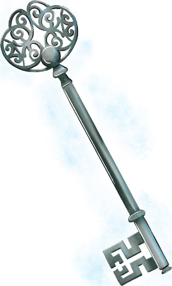 An illustration of an ornate key with intricate scrollwork at the top and a multi-faceted base. This key symbolizes mystery and adventure, perfect for games and storytelling.