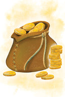 A whimsical illustration of a brown bag filled with shiny golden coins. The bag is tied with a rope, and several coins are scattered around, with more stacked nearby, depicting a treasure theme.