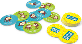 The Monkey Around game by MindWare features colorful round cards with playful monkey illustrations and fun activity prompts for solo and group play. The cards are designed to encourage movement and laughter among players, making it a perfect game for kids and families.