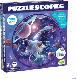 Puzzlescope Outer Space jigsaw puzzle box featuring a colorful outer space scene with planets, an astronaut, and a spacecraft. The package highlights the inclusion of three sizes of round puzzle pieces and a suction cup for positioning. Suitable for ages 6 and up, containing 191 pieces.