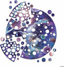 A colorful jigsaw puzzle featuring an astronaut floating in a vibrant outer space setting, with various planets and stars. The puzzle pieces have circular holes, enhancing the space theme.