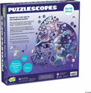 Puzzlescope Outer Space jigsaw puzzle featuring a cosmic theme with unique circular pieces in various sizes. The completed puzzle measures 26 inches in diameter and includes a suction cup for placement. Suitable for family fun and various skill levels.