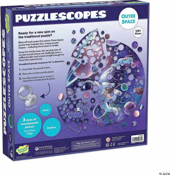 Puzzlescope Outer Space jigsaw puzzle featuring a cosmic theme with unique circular pieces in various sizes. The completed puzzle measures 26 inches in diameter and includes a suction cup for placement. Suitable for family fun and various skill levels.