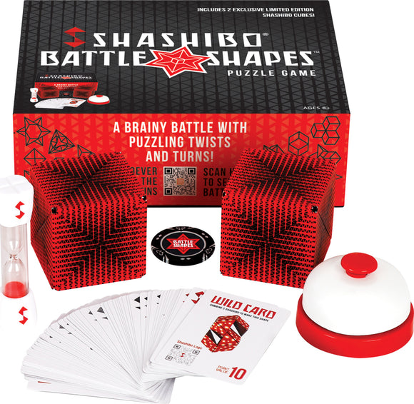 Shashibo Battle Shapes 2-pack featuring two mechanical puzzle cubes, an hourglass timer, a bell, and a deck of challenge cards. The packaging emphasizes a brainy battle with captivating design elements in red and black, suitable for ages 8 and up.
