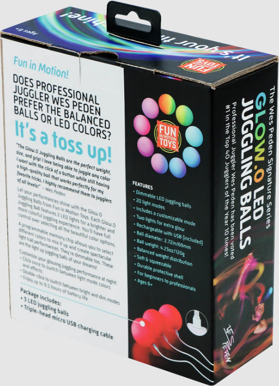 The packaging of Wes Peden LED Juggling Balls by Fun in Motion Toys. The box features vibrant colors and illustrations of the juggling balls, along with text highlighting their features such as dimmable LED lights, weight characteristics, and suitable ages. The product emphasizes its versatility and highlights Wes Peden's endorsement.
