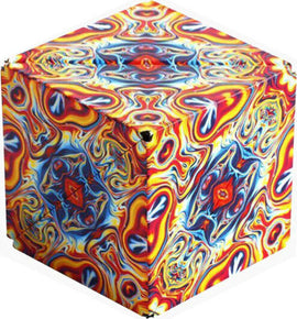 The Shashibo Spaced Out is a vibrant, multicolored mechanical puzzle featuring a unique kaleidoscopic design in red, blue, and yellow patterns. Designed to transform into various shapes, this puzzle encourages creativity and cognitive skills.