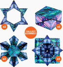 Shashibo Spaced Out by Geobenders, a colorful mechanical puzzle featuring various shapes, including stars and geometric forms. The design showcases vibrant swirls of blue and purple, with multiple pieces labeled for connection. Perfect for enhancing creativity and cognitive skills.
