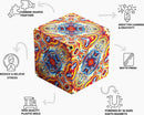 Shashibo Spaced Out by Geobenders is a colorful mechanical puzzle featuring vibrant swirling patterns. The top view shows a hexagonal shape with a matte finish and multiple textured sides. Icons around it emphasize its features, including stress relief, creative learning, high-quality plastic mold, and the power of 36 rare earth magnets that allow for shape transformation and combination.