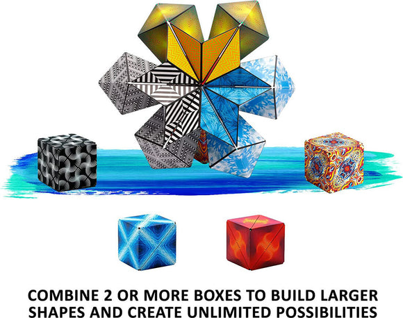 The Shashibo Optical Illusion by Geobenders is a colorful mechanical puzzle that can transform into various shapes. The image features multiple Shashibo cubes in vibrant patterns, showcasing their ability to create larger structures when combined.