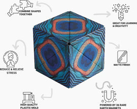 The Shashibo Wings mechanical puzzle by Geobenders showcases a vibrant, colorful design with intricate patterns. It features six sides that can be twisted and turned, encouraging creativity and problem-solving skills. The puzzle is made from high-quality plastic, designed to reduce stress and improve focus, while being powered by 36 rare earth magnets for seamless connectivity. Ideal for both kids and adults, it offers a fun and innovative way to engage with shapes and colors.