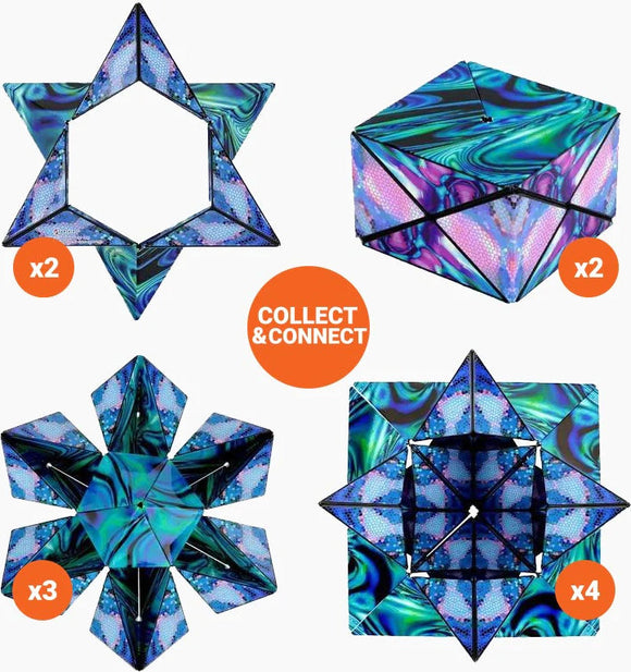 Shashibo Wings by Geobenders, featuring a vibrant mechanical puzzle composed of multiple colorful geometric shapes ready to inspire creativity and fun. The image showcases various shapes including star and cube designs, with a rich blue and green marbled pattern. Perfect for collectors and puzzle enthusiasts alike, this interactive toy encourages spatial reasoning and dexterity.