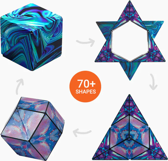 Shashibo Wings by Geobenders, a mechanical puzzle that transforms into over 70 shapes, featuring vibrant colors and intricate designs, shown in four positions demonstrating its versatility.