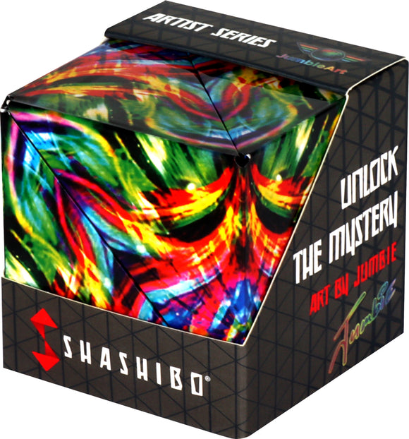 Shashibo Cosmic Surfer by Geobenders, a colorful mechanical puzzle featuring vibrant artwork on all sides. The box design showcases mesmerizing patterns that encourage tactile exploration and creativity.