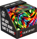 The Shashibo Cosmic Surfer is a vibrant mechanical puzzle featuring a colorful swirling design. The puzzle box showcases instructions asking, 'Can you create more than 70 shapes?' and highlights its 36 rare earth magnets for enhanced playability.