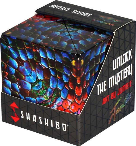 Shashibo The Chameleon, a colorful mechanical puzzle featuring a vibrant reptile skin design. This unique puzzle transforms into numerous shapes and is part of the Artist Series by Geobenders.