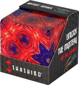The Shashibo Fire Goddess is a vibrant mechanical puzzle featuring a striking design of red and orange flames contrasted against a blue background. It's part of the Artist Series, designed by Jumble, encouraging users to unlock its mysteries through tactile exploration and creative manipulation. The packaging showcases intricate geometric patterns and offers a visually captivating experience.