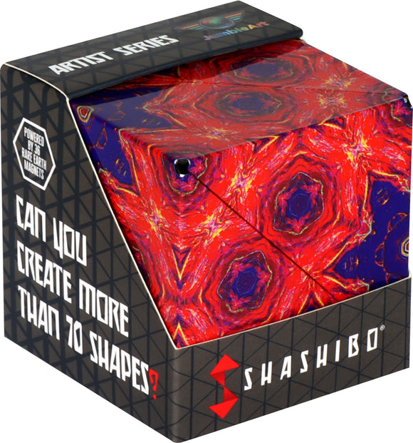Shashibo Fire Goddess mechanical puzzle by Geobenders, featuring vibrant red and blue artwork. The packaging highlights the challenge of creating over 70 unique shapes using the puzzle's magnetic components.