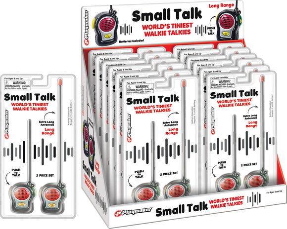 The World's Tiniest Walkie Talkies by Playmaker displayed in packaging. The set includes two small walkie talkies featuring extra long antennas for long-range communication. Each device has a push-to-talk feature and is designed for ages 6 and up. The packaging highlights key product features.