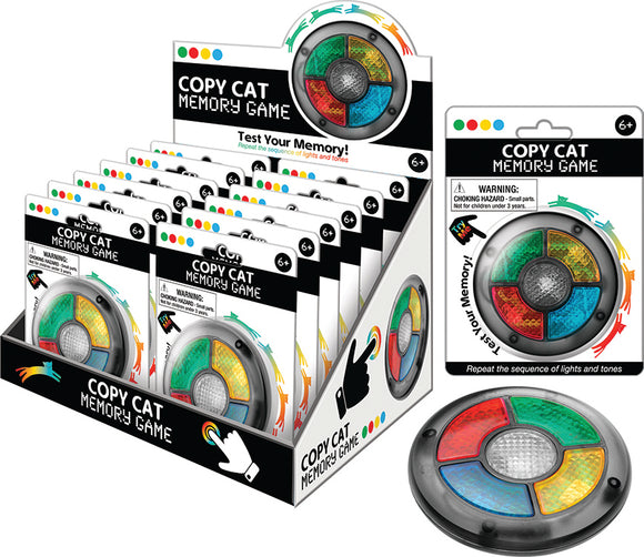 Copy Cat Memory Game by Playmaker featuring a circular device with colored light segments (red, yellow, green, blue) that challenges players to repeat sequences of lights and sounds. The packaging emphasizes memory skills, with a vibrant design suitable for ages 6 and up.