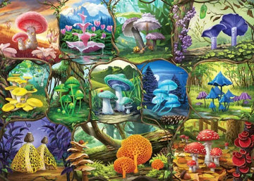 A vibrant jigsaw puzzle featuring beautiful mushrooms in various colors and styles. The puzzle is a collage of different mushroom species set in lush, picturesque backgrounds, showcasing a magical forest atmosphere. Perfect for nature lovers and puzzle enthusiasts, the artwork highlights the diversity of fungi.