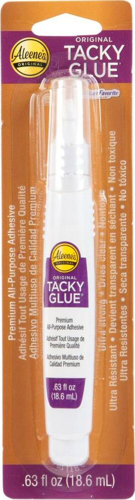 Aleene's Tacky Glue Fast Drying Glue bottle, featuring a sleek design with a white body and purple label. The adhesive is a premium all-purpose option, ideal for various crafting projects. The bottle holds 0.63 fl oz (18.6 mL) of an ultra-resilient, non-toxic glue, suitable for gluing paper, fabric, and more. Perfect for DIY enthusiasts and crafters looking for quick drying power.