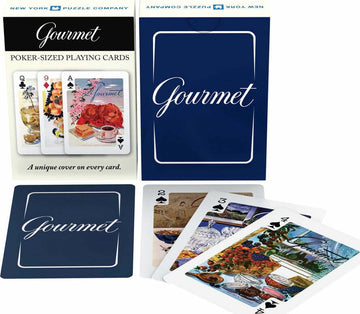 The Gourmet Poker Sized Playing Cards by New York Puzzle Company are beautifully designed with unique covers on each card. The deck showcases elegant imagery including floral arrangements, gourmet dishes, and intricate designs. The packaging is sophisticated, featuring a navy blue color with the word 'Gourmet' prominently displayed. Perfect for game nights or as a gift for card enthusiasts.