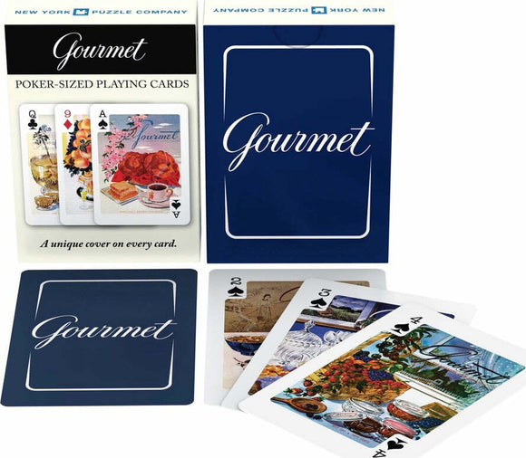 The Gourmet Poker Sized Playing Cards by New York Puzzle Company are beautifully designed with unique covers on each card. The deck showcases elegant imagery including floral arrangements, gourmet dishes, and intricate designs. The packaging is sophisticated, featuring a navy blue color with the word 'Gourmet' prominently displayed. Perfect for game nights or as a gift for card enthusiasts.