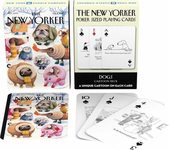 A colorful deck of playing cards featuring dog-themed cartoons from The New Yorker. The box displays various adorable dog illustrations in winter attire. Some sample cards showcase unique dog-related illustrations with humorous captions, highlighting the playful essence of this card game.