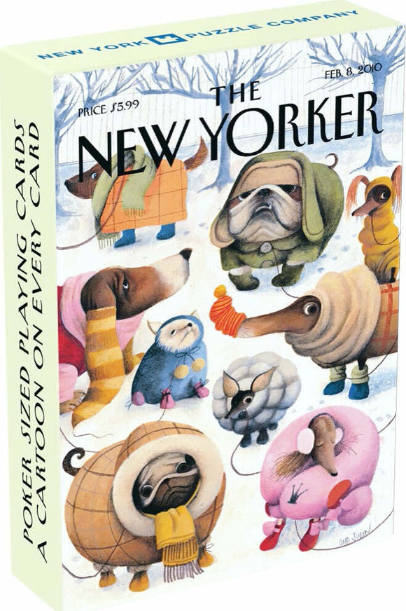 A colorful box of Dog Cartoons Playing Cards from the New York Puzzle Company, featuring whimsical illustrations of dogs in various coats and outfits, showcasing their playful character. Each card features a unique cartoon, inviting laughter and enjoyment for family and friends.