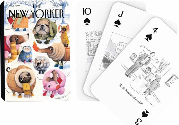 A playful set of playing cards featuring dog-themed cartoons. The deck showcases a vibrant illustration on the front with various cartoon dogs in winter attire, while the visible cards highlight different suits, including a 10, J, and 4 of spades with amusing captions. Ideal for dog lovers and game enthusiasts alike.