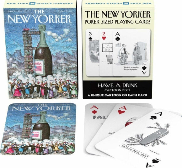 A deck of Have A Drink Playing Cards by New York Puzzle Company. The packaging features colorful artwork of a champagne bottle and cartoon characters celebrating. The cards display uniquely illustrated cartoons, with a poker-sized format highlighting illustrations related to drinking and humor.