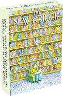 The Book Lover Playing Cards by New York Puzzle Company features a whimsical illustration of a person sitting in a green chair with a laptop, surrounded by colorful bookshelves filled with various books. Each playing card showcases a different cartoon, celebrating the joy of reading.