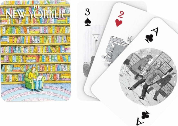 A set of playing cards featuring whimsical illustrations related to literature. The card backs showcase colorful book spines against a library backdrop, while the face cards depict imaginative scenes, including a person reading and others engaging in literary activities. This artistic design is perfect for book lovers and game enthusiasts alike.