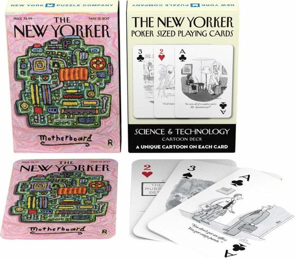 Science Cartoon Playing Cards from New York Puzzle Company featuring unique cartoons on each card. The deck showcases science and technology themes with vibrant artwork, including a colorful motherboard design on the box. Includes poker-sized playing cards ideal for game nights and entertaining gatherings.