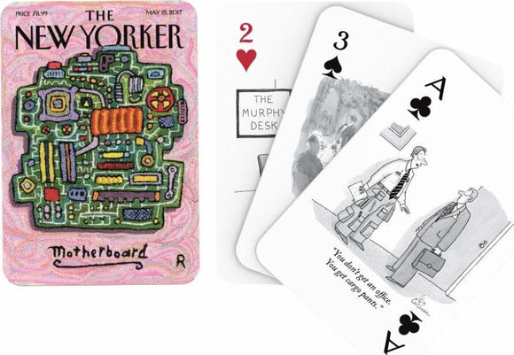 A set of Science Cartoon Playing Cards by New York Puzzle Company featuring a whimsical motherboard design on the Ace of Hearts and humorous illustrations on the other cards such as 'You don't get an office. You get storage parts.' Perfect for science enthusiasts and cartoon lovers alike.