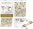 Mushrooms Playing Cards set by New York Puzzle Company, featuring poker-sized cards adorned with unique mushroom illustrations. The front of the packaging showcases various mushrooms, while the cards display different mushroom designs corresponding to their values. A creative and educational twist on traditional playing cards.