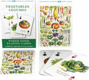 A box of Vegetable Playing Cards by New York Puzzle Company. The front displays the title 'Vegetables' with a colorful illustration of various vegetables. There are poker-sized playing cards showing different vegetables, including a pumpkin and lettuce, illustrating the unique design of each card with vibrant, hand-drawn images.